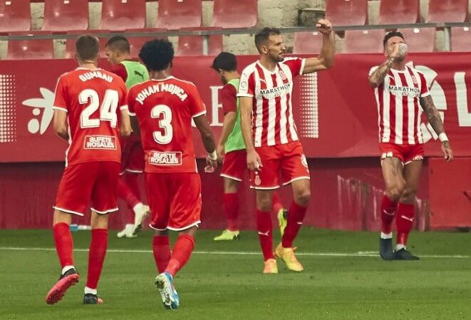 Los jugadores del Girona celebran el gol de Stuani ante el Almería / LFP